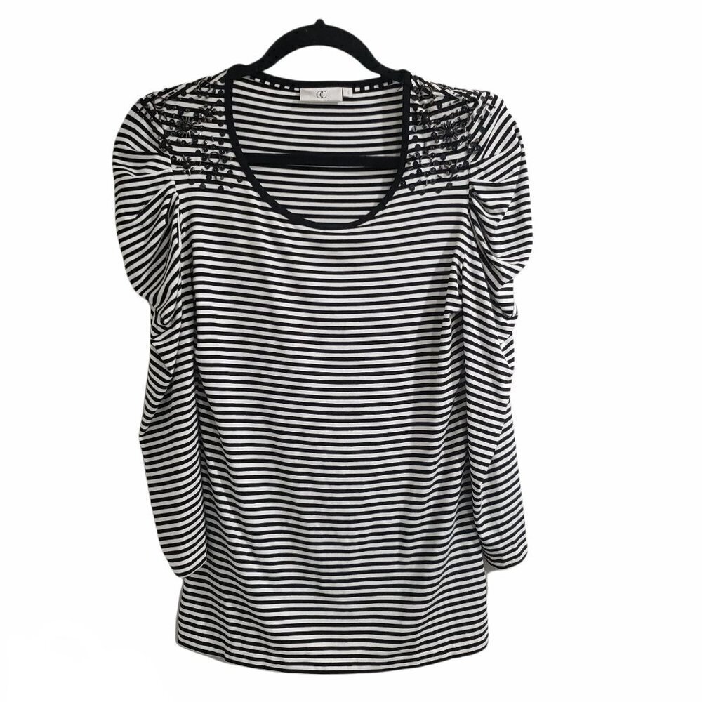 Country Casuals CC Rushed Sleeves Black and White Striped Top Size Small